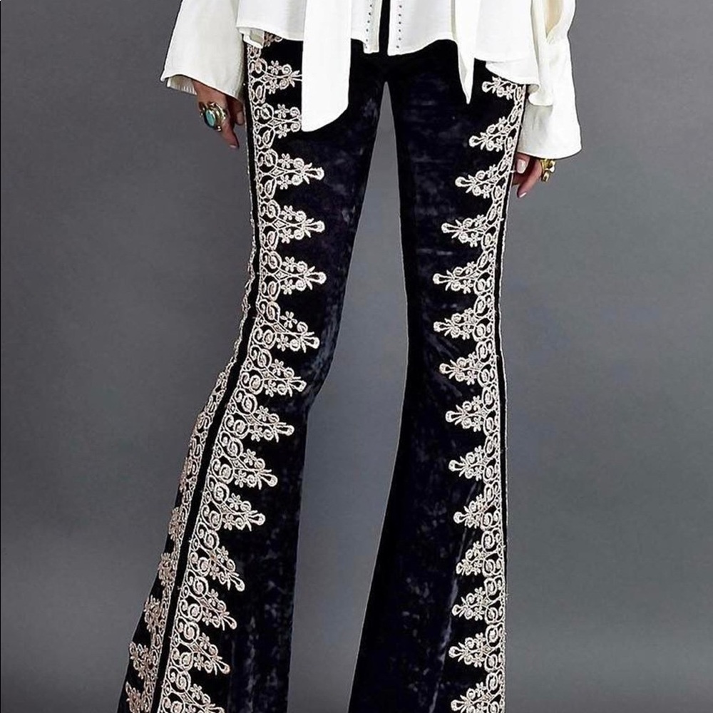 Black Crushed Velvet Stretch Bellbottom Pants